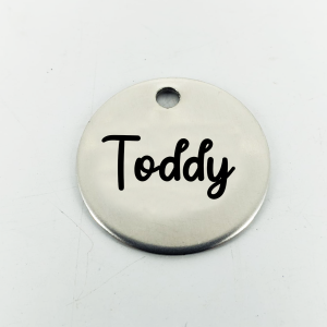 Placa de Inox para Identificação de PET - Redonda 3x3 cm Inox 304 - 1 mm Redonda 3x3 cm    Gravação em Laser